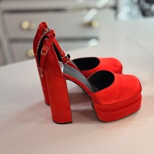 Rag & Co Red Satin Double Platform Block Heel Crystal Ankle Strap Pump RCSH3150